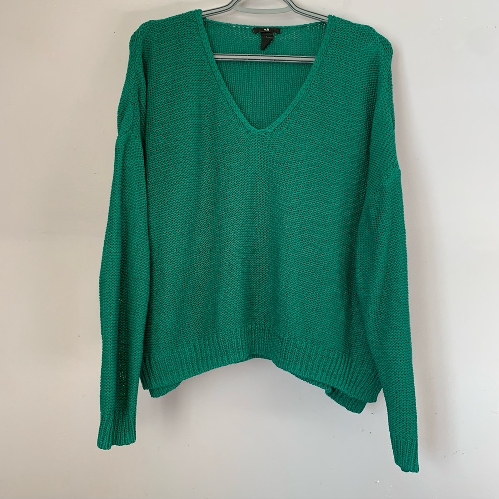 H&M Green Knit V Neck Sweater Oversized Cozy Medium